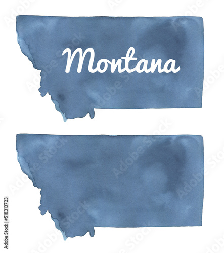 Water color drawing of Montana State in navy blue color with artistic brush strokes and paint gradient. Isolated elements for design decoration, poster, invitation, layout, template, greeting card. photo