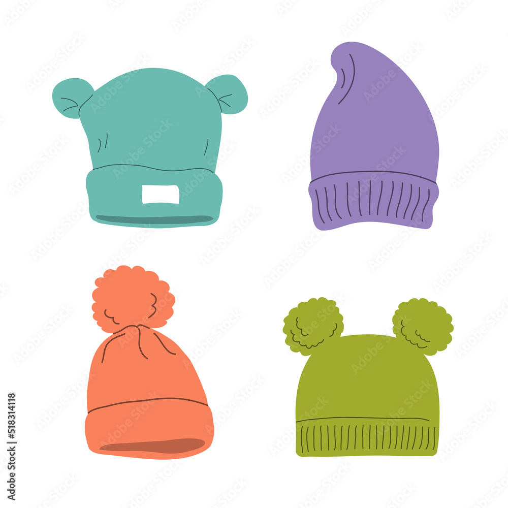 Set of winter hats for children. Seasonal warm blue hat. Cute baby clothes. Beauty and fashion. Modern stylish clothes and wardrobe. Flat vector illustration isolated on white background