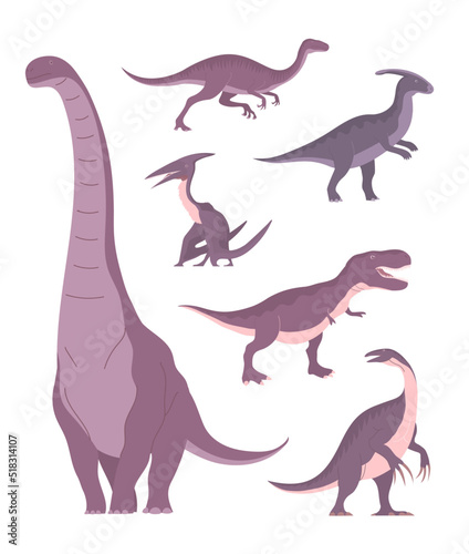 Set of ancient carnivorous and herbivorous dinosaurs. Sauropod, tyrannosaurus rex, therizinosaurus, pterosaur. Extinct lizard of the Jurassic period. Paleontology animals. Vector isolated illustration