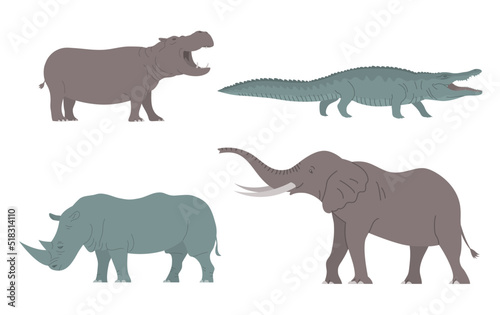 African animals set. Elephant  hippopotamus  rhinoceros and crocodile. Savannah wild animal. Cognitive zoology. Flat vector illustration isolated on white background