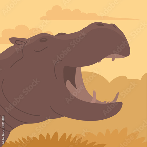 Large adult hippo. Open mouth. Head portrait. Wild and dangerous aquatic animal of Africa. Herbivorous mammal. Wild landscape. Flat vector color illustration
