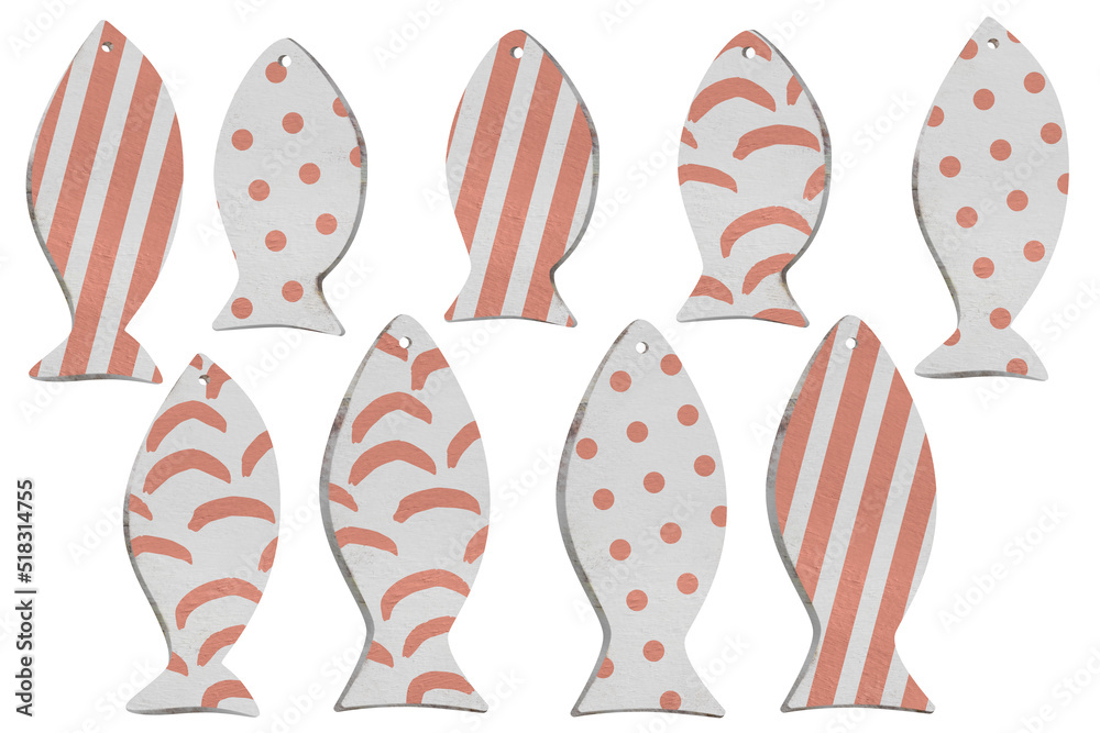 Wooden fish classic decorations on white background