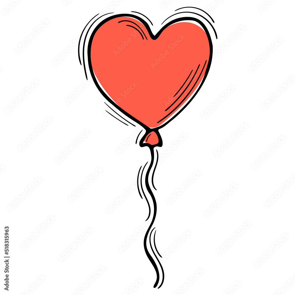 Hand drawn heart balloon. Birthday, party surprise, Valentine, wedding. Sketch style