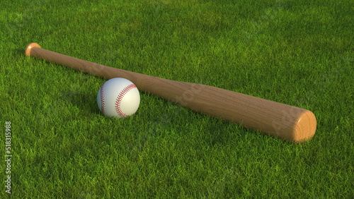 Baseball bat, and ball, on grass. Baseball equipment in the field. Close-up view of baseball equipment.