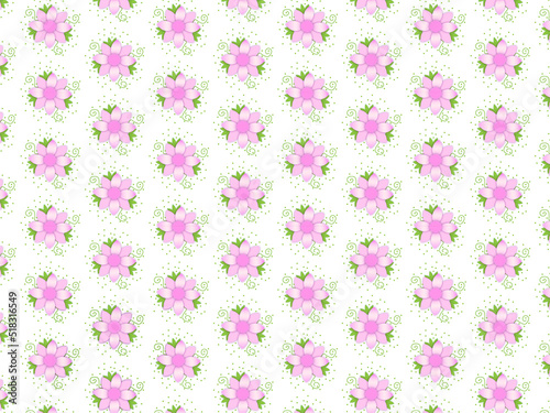 Fotografia Two matching backgrounds with dainty pink daisy like flowers and soft green leaves