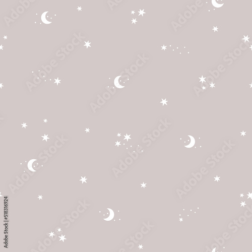 Seamless pattern with moon and stars. Space cosmos night sky textured vector background. Vector illustration, design for kids nursery, paper goods, background, wallpaper, and all your creative project