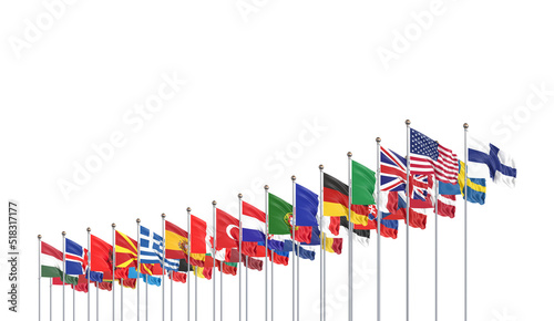 Flags of NATO - North Atlantic Treaty Organization, Sweden, Finland.  - 3D illustration.  Isolated on white  background.