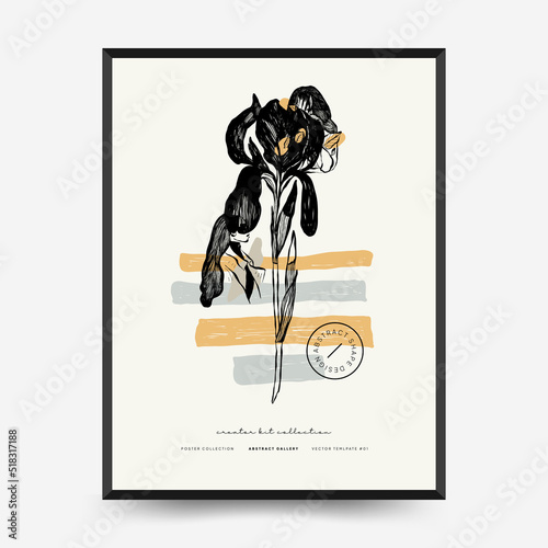 Abstract minimalist aesthetic womens with thin lines, floral patterns, plants, woman. Trendy colorful poster template. Vintage boho style.