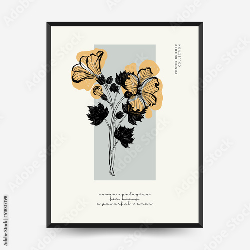 Abstract minimalist aesthetic womens with thin lines, floral patterns, plants, woman. Trendy colorful poster template. Vintage boho style.