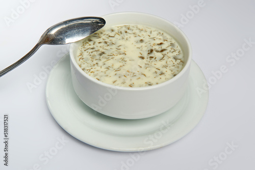 Azerbaijani food called Dovga made from yogurt and greens photo