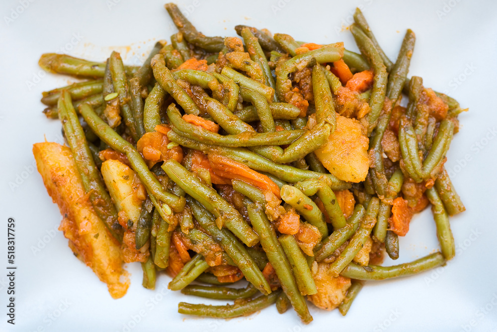 traditional Greek food, green beans, onion and potatoes stewed in