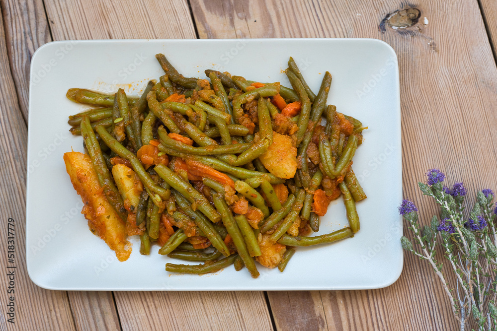 traditional Greek food, green beans, onion and potatoes stewed in