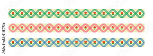 Set of decorative border line illustrations with colorful check patterns and tulip icons.