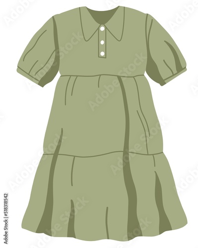 Kids girls summer dress with collar, buttons and sleeves. Little childs clothes. Modern small girly apparel, wearing. Girlish childish garment. Flat  illustration isolated on white background