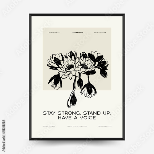 Abstract minimalist aesthetic womens with thin lines, floral patterns, plants, woman. Trendy colorful poster template. Vintage boho style.