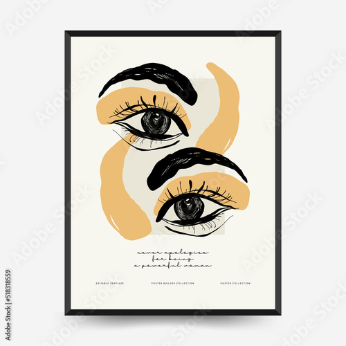 Abstract minimalist aesthetic womens with thin lines, floral patterns, plants, woman. Trendy colorful poster template. Vintage boho style.