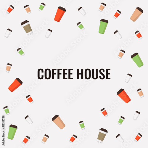 Signboard for a coffee shop with an inscription. Paper coffee cups, multi-colored. Advertising poster, screen saver for the website. Vector illustration, graphic design. Flat style.