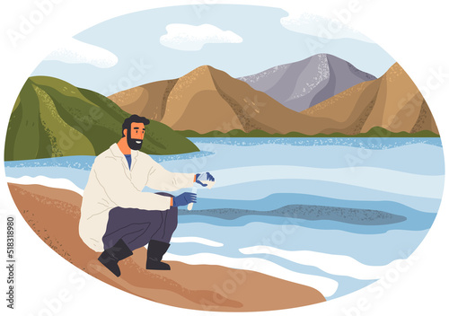 Laboratory assistant explores nature, makes water samples. Researcher analysing pond area. Environmental and ecology research. Scientist conducts ecological experiment. Explorer works on river or lake
