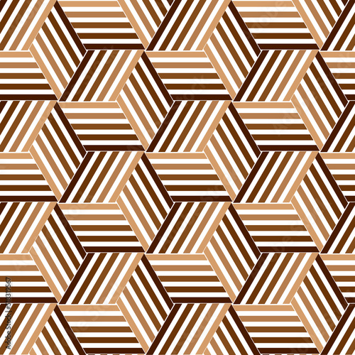 Seamless pattern with colored striped cube segments. Cubic seamless pattern in shades of brown
