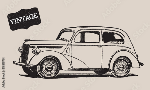 Vintage Car. Retro Vehicle. Hand Drawn Vector Line. Engraving Illustration. Engraved Art. Classic Auto. American Motor. Black Ink Line. Voyage, Trip, Traveling, Adventure Concept. Invention Machine.