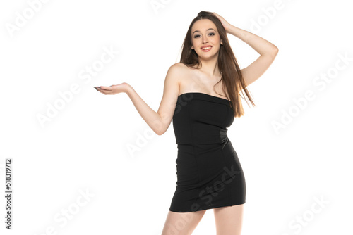 portrait of a young smiling woman on a white background, advertise some product