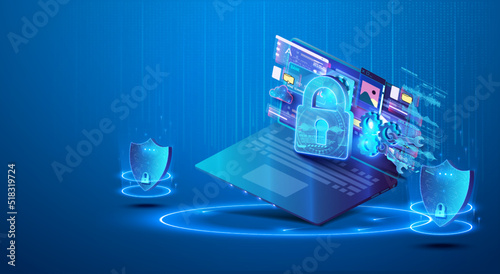The concept of data security protection on a blue laptop. Computer network security technology. Processing and online data protection via a secure Internet connection. System confidentiality. photo