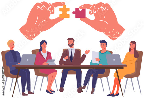 Hands assembling jigsaw puzzle pieces together. People cooperating, brainstorming during meeting. Teamwork with puzzle symbol of business. Team invites to join business collective vector illustration