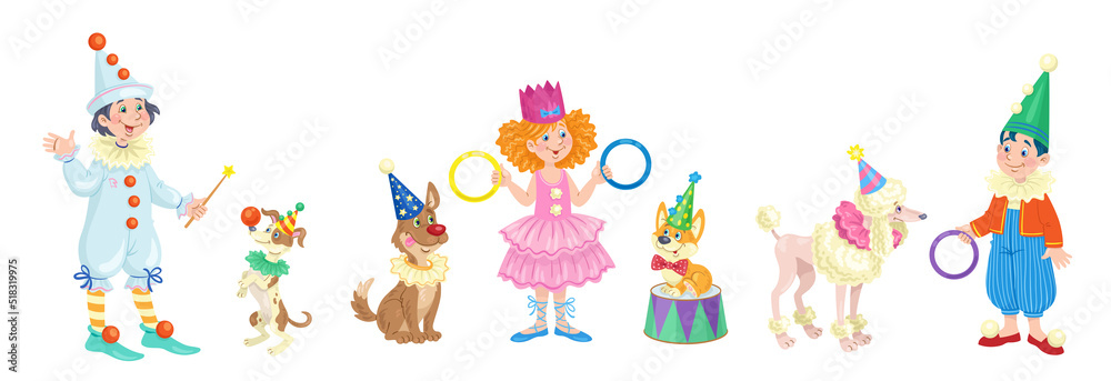 Three funny children in carnival costumes with trained dogs. In cartoon style. isolated on white background. vector illustration.