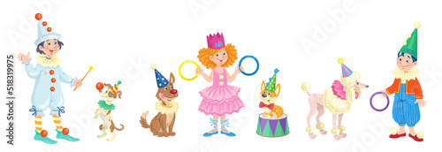 Three funny children in carnival costumes with trained dogs. In cartoon style. isolated on white background. vector illustration.