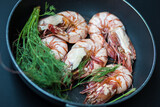 Sea shrimp grilled in black pan with vegetable spicy