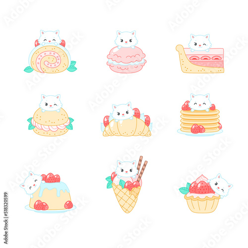 Set of cute cats and strawberry desserts. Flat cartoon illustration of of a little white kitten sitting on summer berry desserts isolated on a white background. Vector 10 EPS.