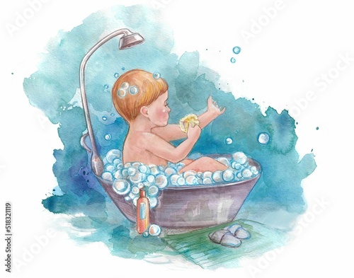 A little boy is bathing in the bathroom. A clean kid. Watercolor illustration for postcards.