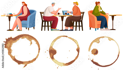 Composition of coffee or tea stains, splashes, drops. People at table in cafe or restaurant. Trace from drink and characters eating in establishment vector illustration. Spending time in coffee shop