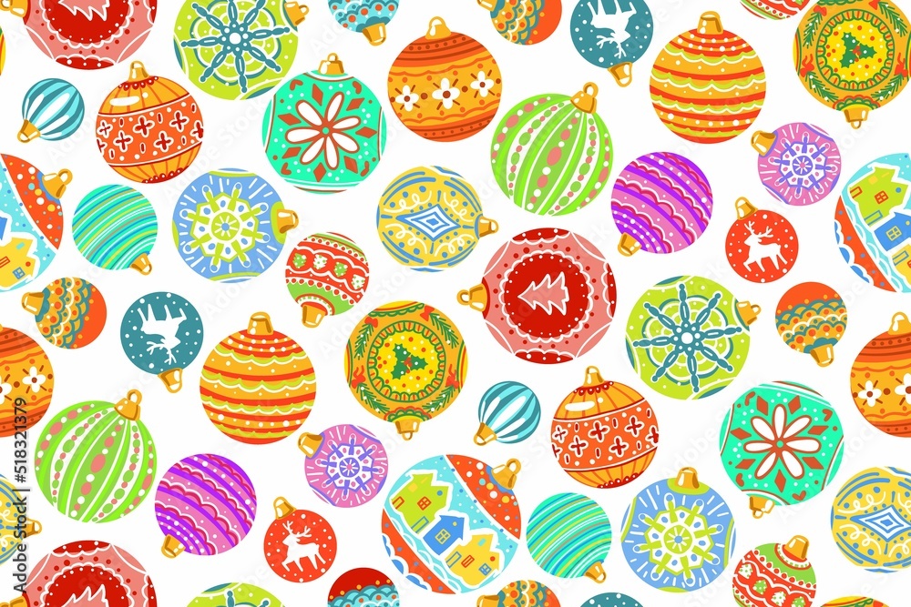 Seamless pattern. Bright Christmas tree toys on a white background. New Year and Christmas, for packaging, postcards, websites, fabrics. Vector.