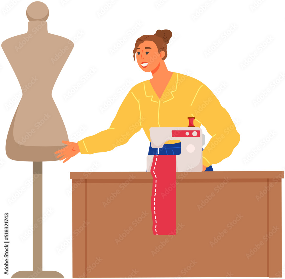 Fashion designer sewing clothes at workplace. Young woman using power sewing machine to make garment. Tailor with seamstress mannequin. Girl works with creation of clothes in creative studio Fashion designer sewing clothes at workplace. Young woman using power sewing machine to make garment. Tailor with seamstress mannequin. Girl works with creation of clothes in creative studio