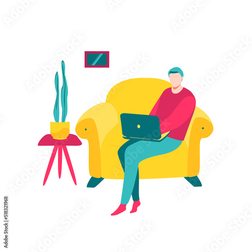 Girl with laptop sitting on the chair. Freelance or studying concept. Cute illustration in flat style
