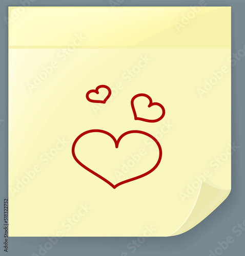Hand drawn doodle red hearts abstract pattern on yellow papaer sheet. Valentine day heart illustrations texture background. Romantic theme. Series of hearts of different shape, modern textile fabric