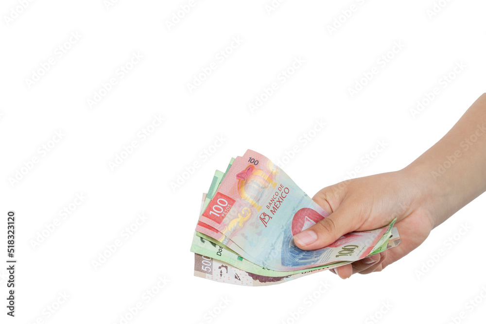 Hand with money making the gesture of paying, with white background Hand with money making the gesture of paying, with white background