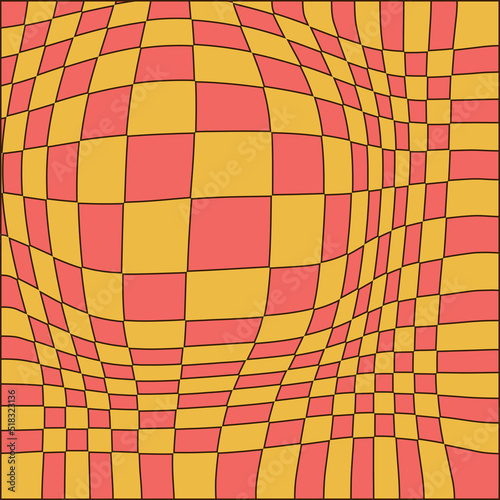 Retro background with cyber distorted shape, checkered pattern. Convex geometry shape in retro trippy 60s, 70s style. Vector illustration.