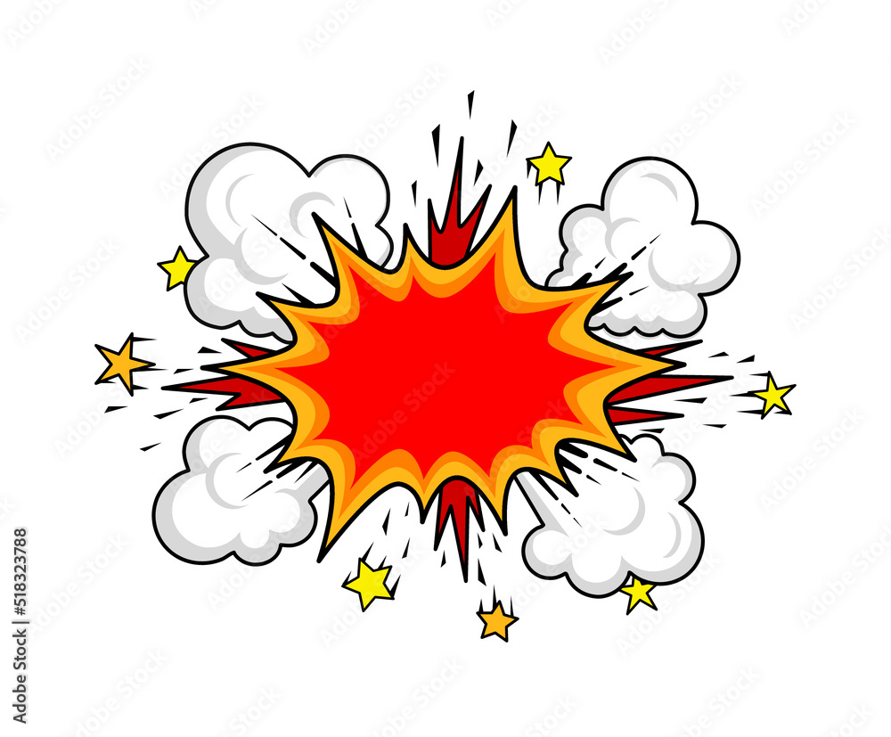 A flat illustration of a cartoon explosion with flames, clouds and stars flying away from the explosion, isolated on a white background.