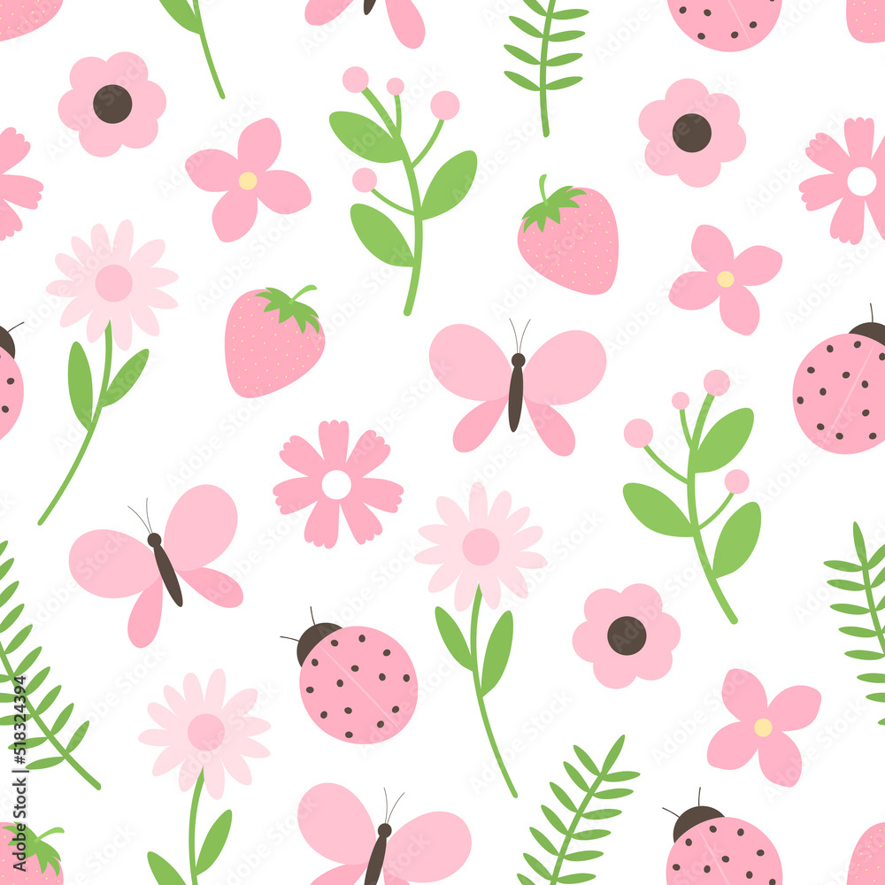 Seamless pattern ladybug butterflies strawberry flowers vector illustration Seamless pattern ladybug butterflies strawberry flowers vector illustration
