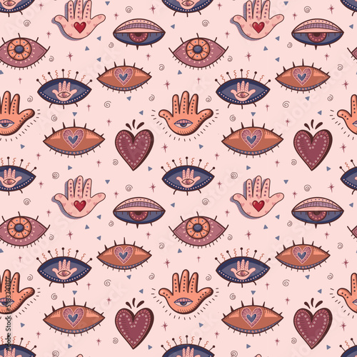 Beautiful, bright seamless pattern Palm, eye and heart. Textile, printing, printing house. Vector illustration.