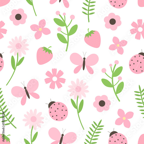 Seamless pattern ladybug butterflies  strawberry flowers vector illustration
