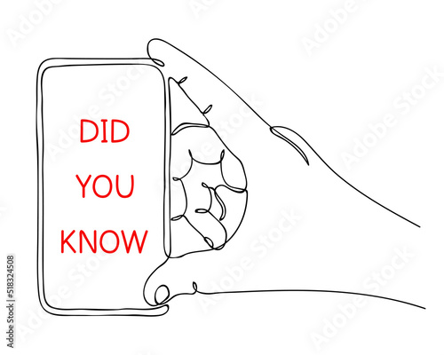 Did You Know. Continuous One Line drawing of message on smart phone display. Note for online business, modern problems. Sketch in minimalist style. Editable hand drawn contour. Vector