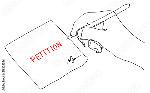 Petition. Continuous One Line drawing of hands writing message on paper sticker. Collective appeal, collection of signatures. Sketch in minimalist style. Editable hand drawn contour. Vector
