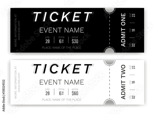 Classic black and white admission tickets. Tear-off (stub) entrance ticket with dots. Vector design template for concert event, music performance, show
