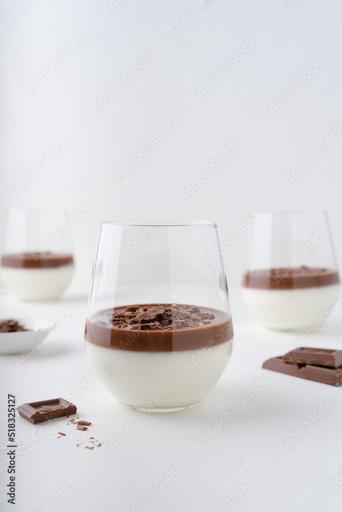 Italian dessert with chocolate. Creamy panna cotta. White background with dessert.