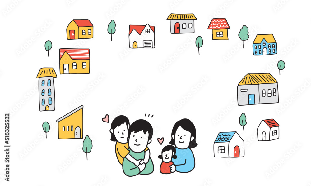 地域・街と家族のフレーム　住宅・引越しを検討する四人家族のイラスト