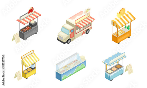 Street and fast food objects. Truck, street food cart with awning vector illustration