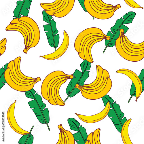 Exotic fruits on a white background. Bananas and banana leaves. Seamless pattern with banana leaves. Vector illustration of bananas.